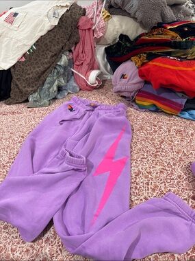 Aviator nation purple joggers with pink neon bolt